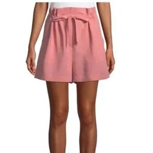 REBECCA TAYLOR Pink Slub Cotton-Linen High-Waisted Paperbag Waidt Tie Shorts, XL